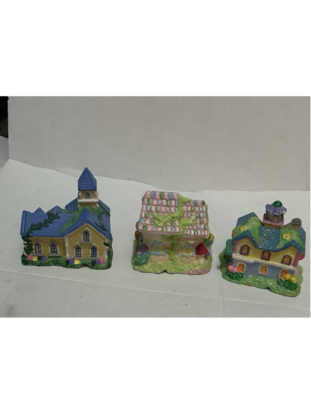 Easter Village Set 3 Lighted Buildings Church School Candy Shop Pastel Glitter